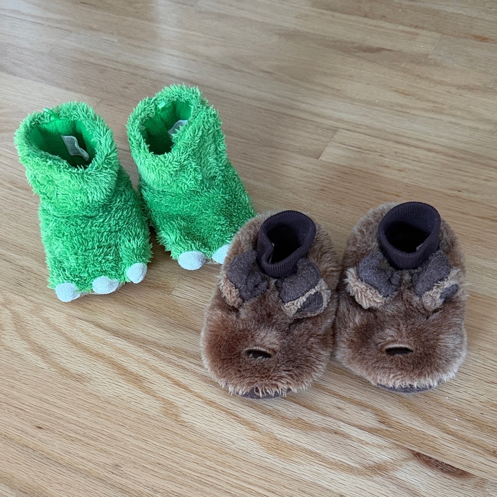 Kids L.L. Bean Fuzzy Moose Paw Slippers & Green Dino Slippers